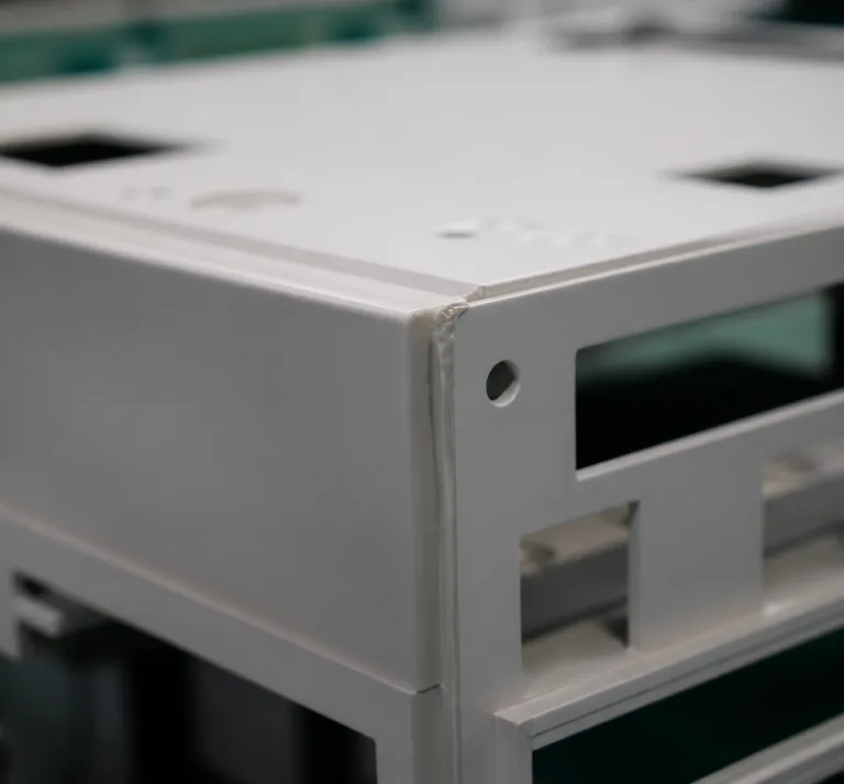Material 3 Realistic industrial product photography showing clean, precise adhesive bonding between plastic housing components with a visible glue line and professional lighting.