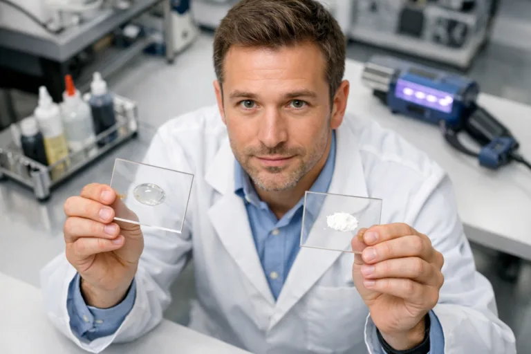 Engineer showing side-by-side adhesive samples, highlighting curing and drying differences in an industrial lab