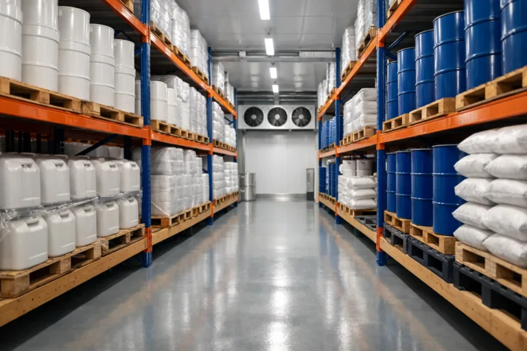 Shows a temperature-controlled warehouse in a modern adhesive factory, emphasizing strict material handling as a key factor in reliability.