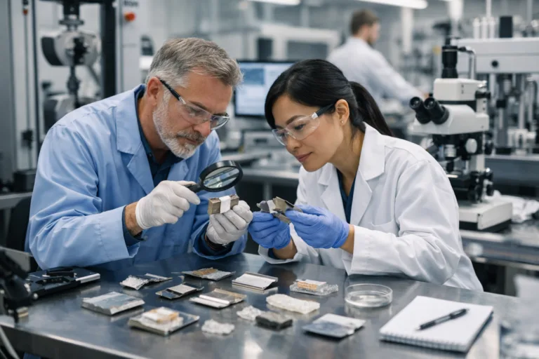 Engineers inspecting failed adhesive joints in a professional industrial laboratory.