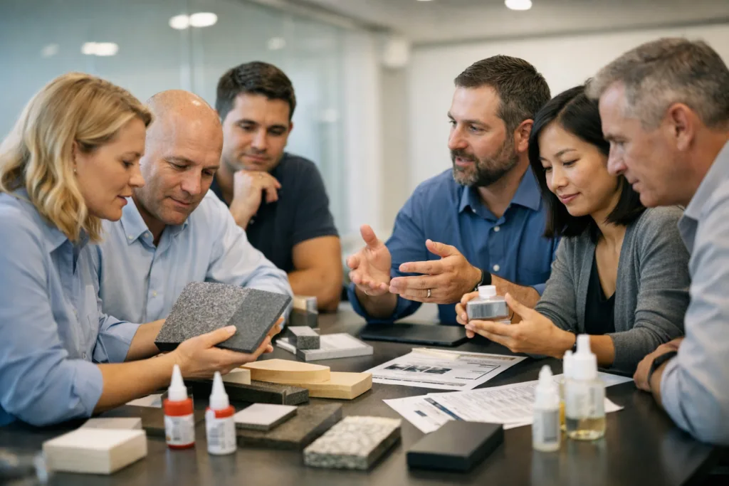 7 Red Flags & 9 Buyer Criteria: How to Choose the Right Adhesive Manufacturer for Your Project 2 adhesive manufacturer team meeting