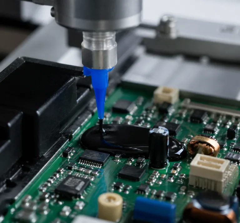 Material 7 A realistic close-up product photo showing adhesive used in PCB assembly, with visible glue dispensing on a green circuit board to fix components and protect sensitive parts in a precise industrial environment.