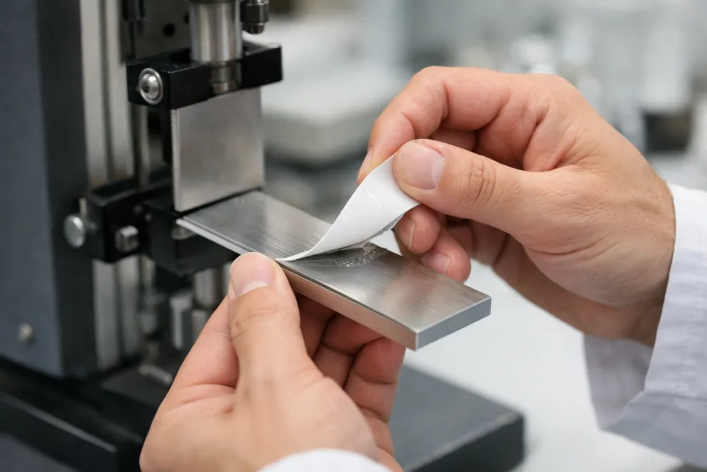 Adhesive Strength Simplified: Peel, Shear, & Tensile Performance Decoded 21 Technician measures peel strength in a controlled industrial lab environment.