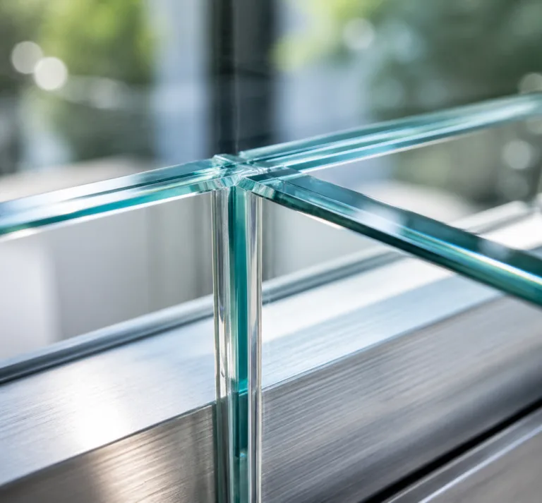 Material 4 Realistic product photography of transparent adhesive used for glass bonding, showing a precise and elegant bonding line between glass panels or glass-to-metal parts under bright lighting.