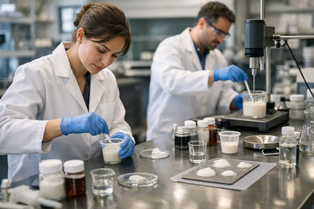 From Lab Bench to Mass Production: Real-World Insights into Custom Adhesive Development 1 Engineers in a modern lab mixing and preparing adhesives during the lab phase of custom adhesive development.