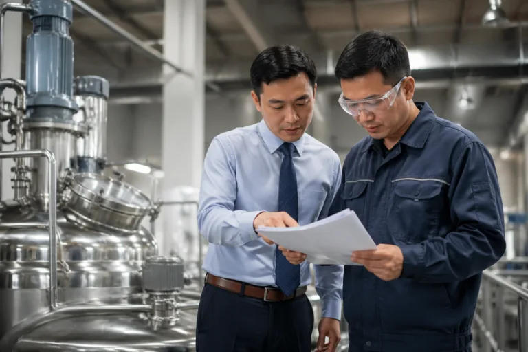 A realistic industrial image showing early-stage MOQ and production planning in an adhesive factory.
