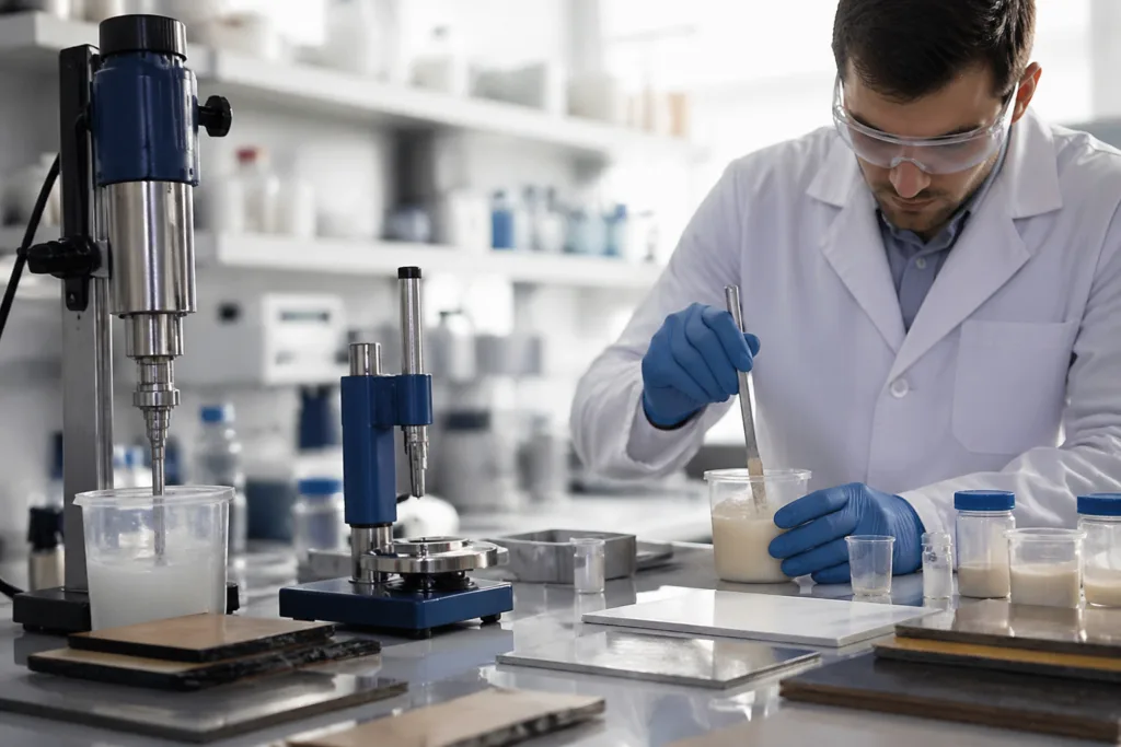 Material 13 A realistic laboratory scene focused on sample preparation, testing, and evaluation before production approval.