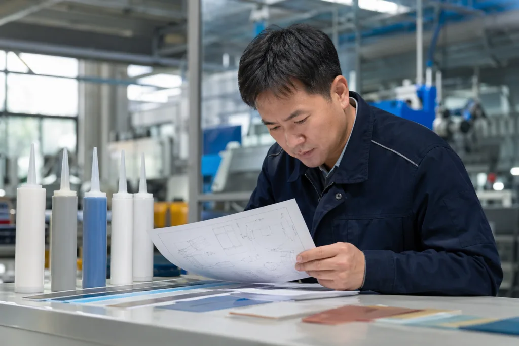 How to Prepare for a Custom Adhesive Quote: Essential Details for Manufacturers 9 An industrial engineer organizes substrate and environmental data for a custom adhesive quote in a manufacturing setting.