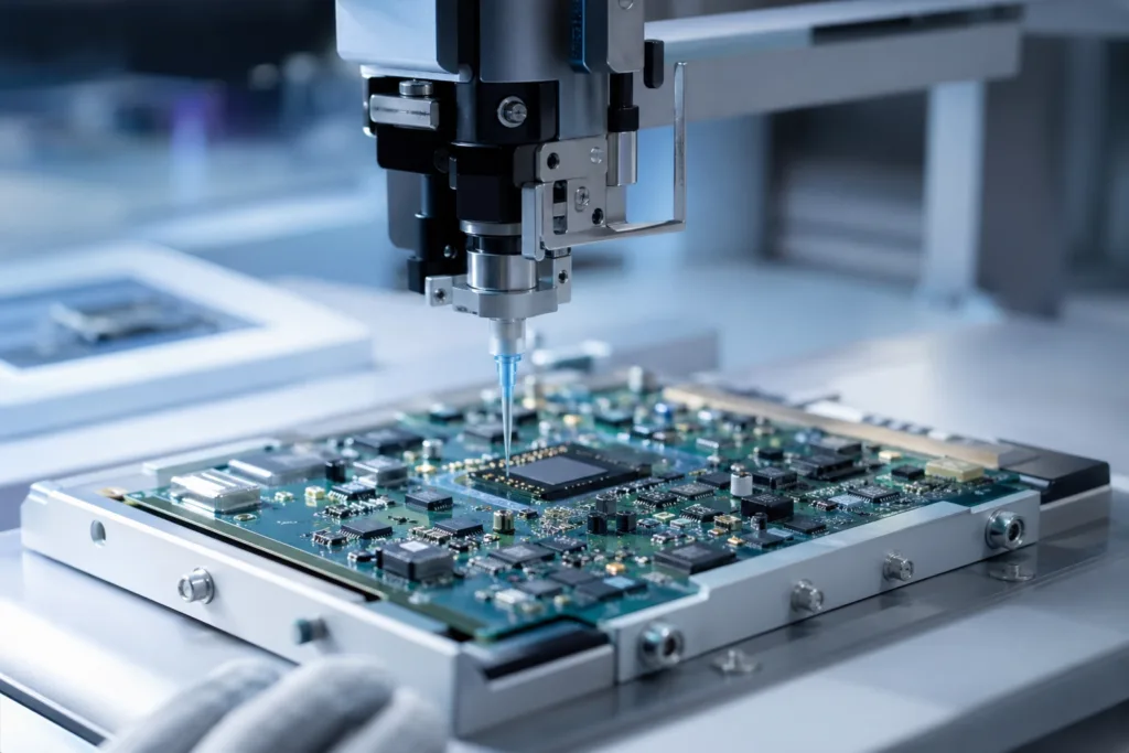 A realistic production scene showing adhesive application on electronic components for reliable assembly.