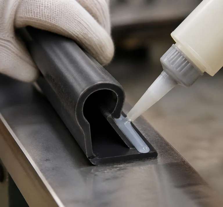 Material 5 Realistic manufacturing close-up showing flexible adhesive used to bond a rubber gasket or sealing strip, with a visible adhesive layer in a clean industrial product photography style.