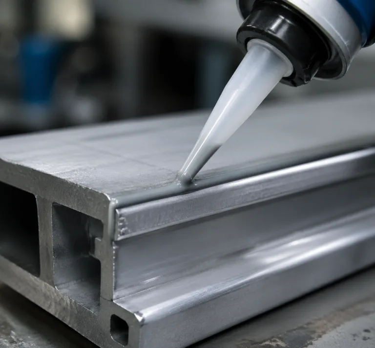 Material 2 A realistic close-up of precision industrial assembly showing adhesive bonding between two metal components with a visible bead, professional lighting, and a clean factory environment.