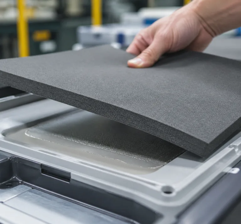 Material 10 Realistic industrial product photography showing adhesive bonding of foam materials for cushioning or insulation use, with a clean assembly process and visible adhesive layer.
