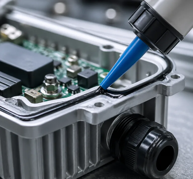 Applications 4 A realistic close-up industrial product photo showing sealing adhesive applied along the edge of a housing or enclosure, emphasizing protection against water and dust in an electronics or equipment assembly setting.