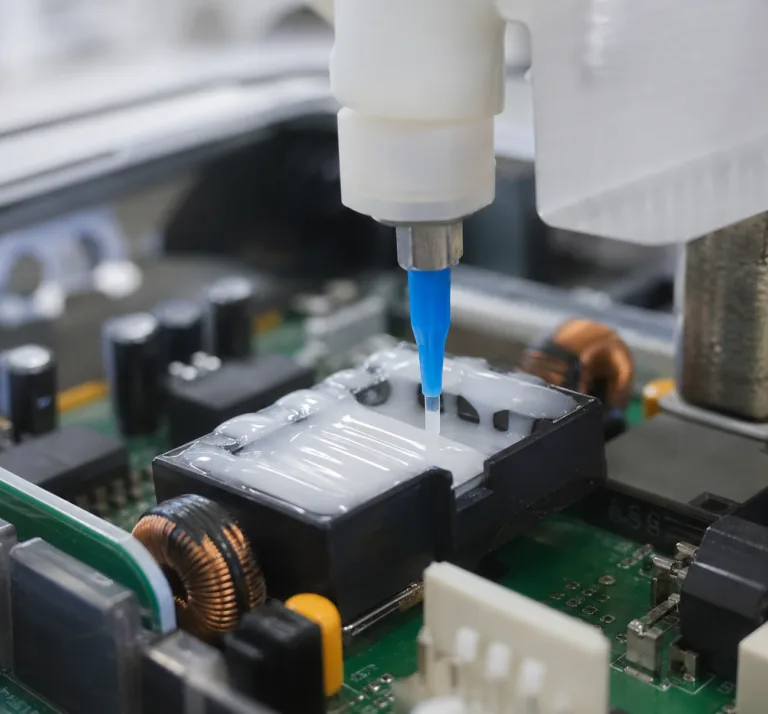 Applications 7 A detailed industrial product photo showing adhesive used for electrical insulation and protection on a circuit board or electronic module, with a clean professional composition.