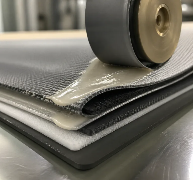 Applications 5 A realistic product photography style close-up of laminating adhesive applied between layered materials in an industrial manufacturing setting, showing fabric, film, foam, or flexible sheets being bonded together with a clean professional composition.