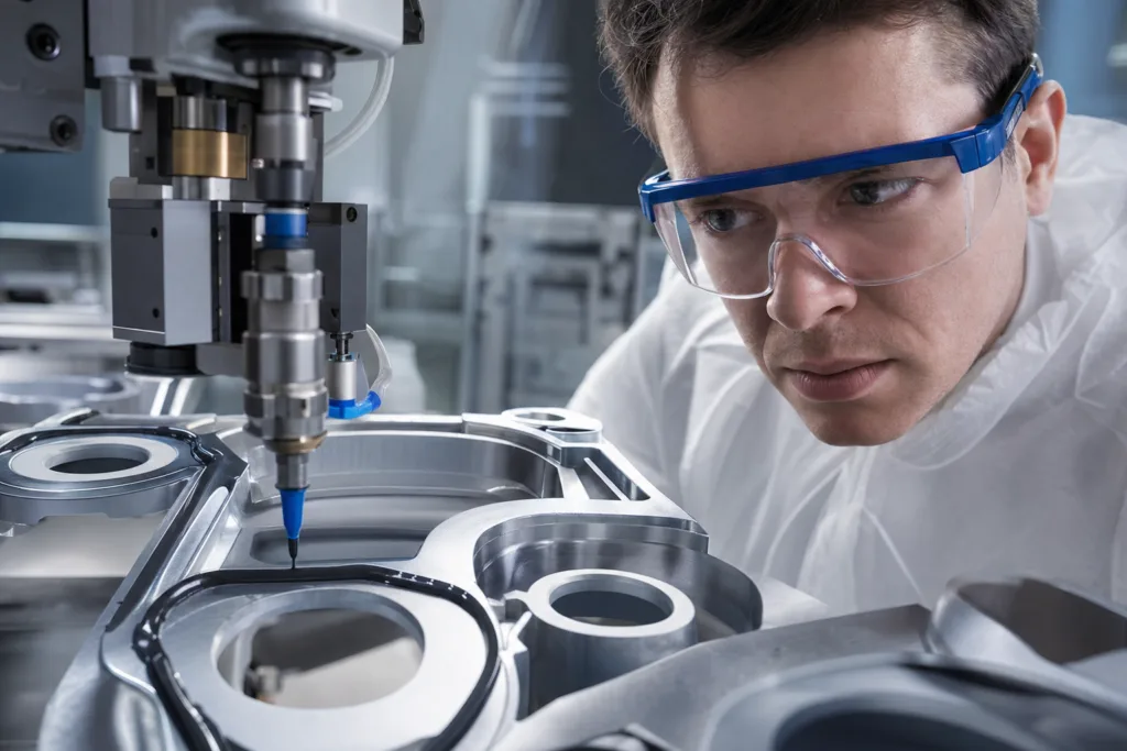 A realistic industrial scene showing automated epoxy dispensing used in controlled production environments.