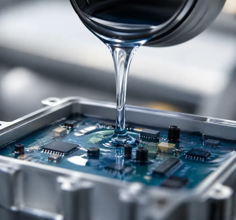Applications 3 A realistic industrial product photography scene showing potting adhesive being poured into an electronic housing with visible PCB components and encapsulation process.