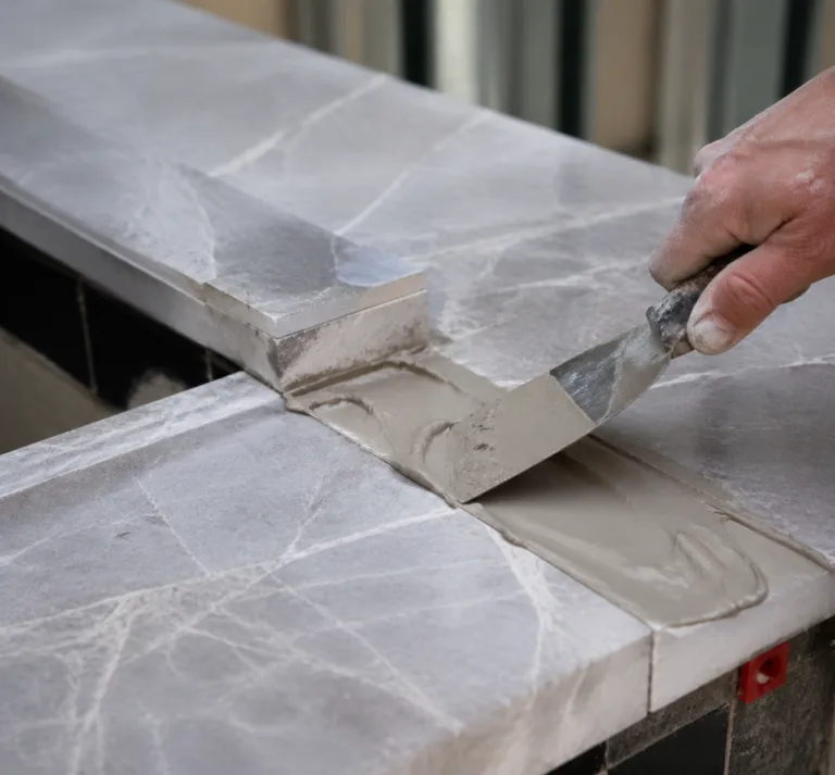 Material 9 Realistic product-style close-up of stone adhesive being applied to marble, granite, or engineered stone in a professional construction or decorative repair setting, with a clean composition and detailed seam bonding visible.