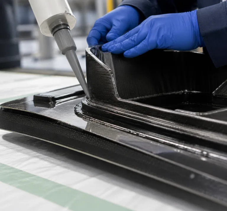 Material 11 A high-detail industrial product photograph showing structural adhesive bonding on composite materials, with a close-up view of a composite panel or reinforced part during assembly in a clean manufacturing environment.