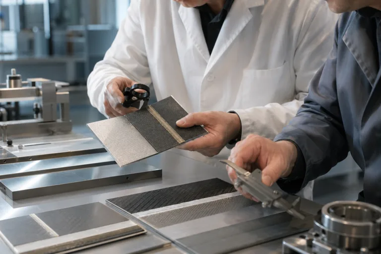 A realistic industrial laboratory scene showing evaluation of bonded structural samples for strength and durability.