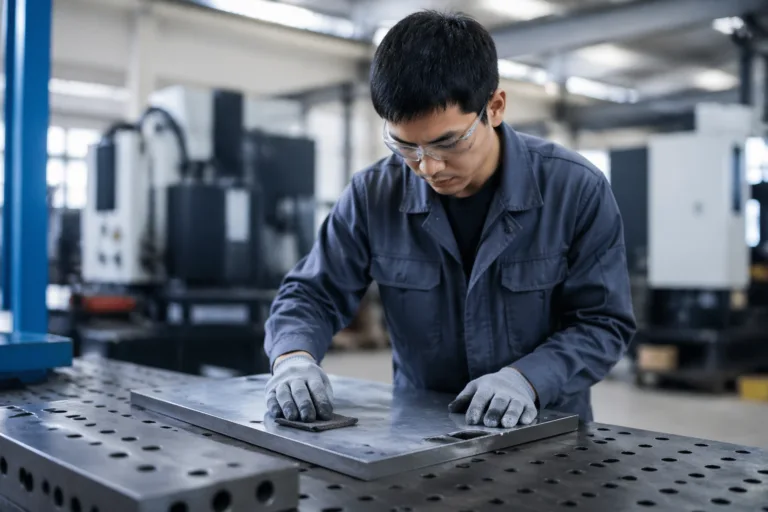 An engineer performs precise degreasing and abrasive prep on a metal surface in a clean, well-lit industrial environment.
