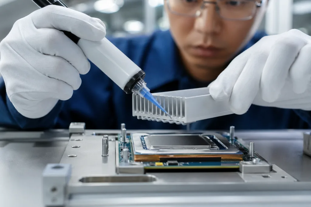 A realistic industrial image showing thermally conductive adhesive being applied in an electronics assembly where heat transfer and bonding are both critical.