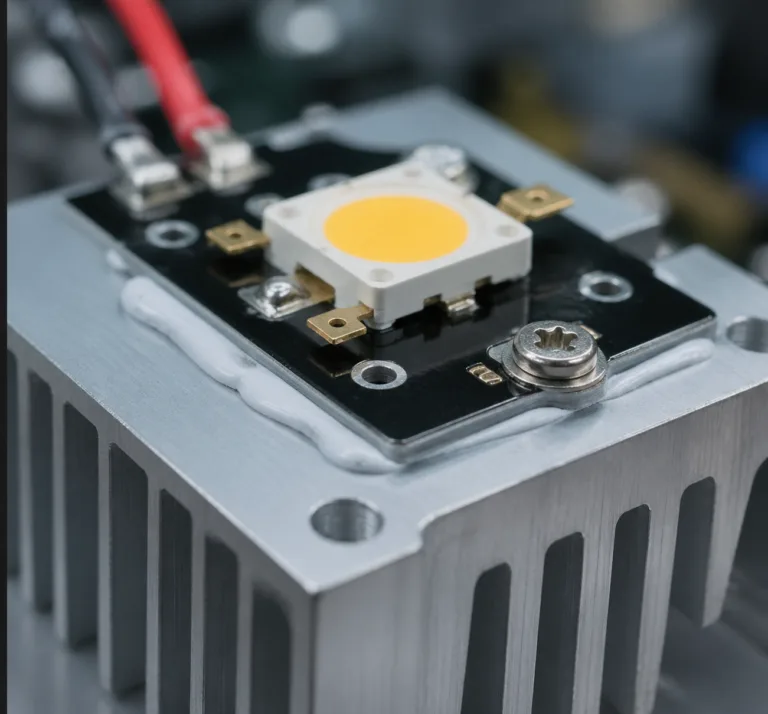 Applications 6 A realistic close-up industrial product photo showing thermally conductive adhesive used for heat management between an electronic component and a heat sink, suitable for an LED module or power device assembly.