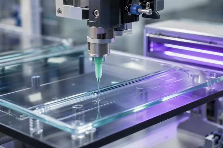 A precision manufacturing scene showing UV adhesive application on transparent parts before light curing.