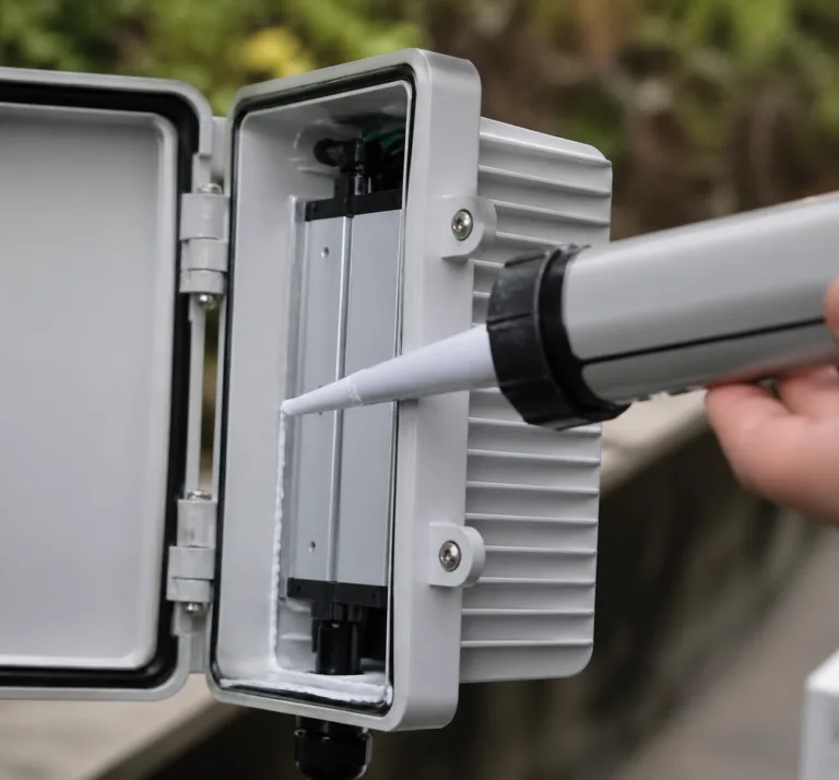 Applications 8 A realistic close-up product photography scene showing waterproof adhesive applied as a sealing and bonding solution on an outdoor electronic device or industrial enclosure, with a clean professional industrial look and high detail.