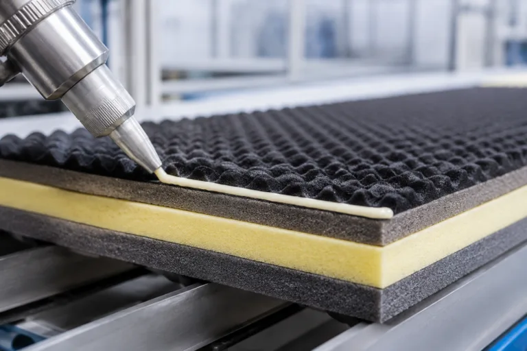 Foam Adhesive 8 Professional close-up image of acoustic and insulation foam layers being adhered in a technical manufacturing setting, highlighting sound absorption and thermal separation.