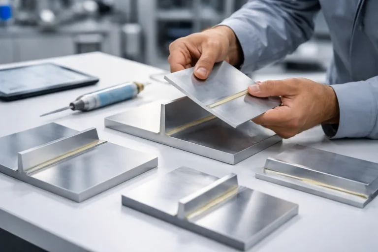 A realistic industrial scene showing an engineer assessing bonded panel joints for structural adhesive replacement of mechanical joining.