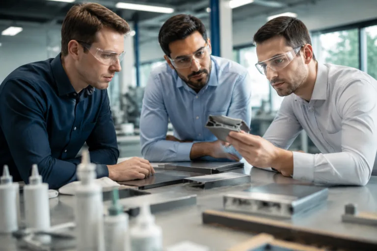 A realistic industrial scene showing engineers comparing bonded sample joints for manufacturing decision-making.