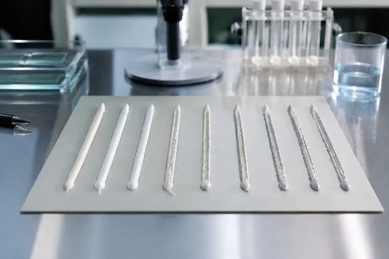 Adhesive Sample & Testing Support 3 Technical laboratory photography featuring adhesive lines in multiple curing stages, emphasizing open time and cure behavior comparison in a controlled environment.