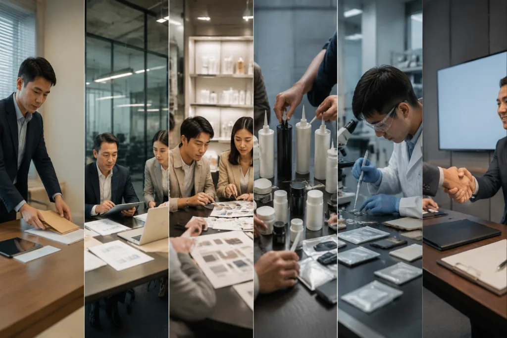 Become a ZDS Adhesive Distributor 7 A premium industrial workflow scene illustrating the adhesive distributor process from application to partnership planning using realistic business and product objects in a clean left-to-right sequence.