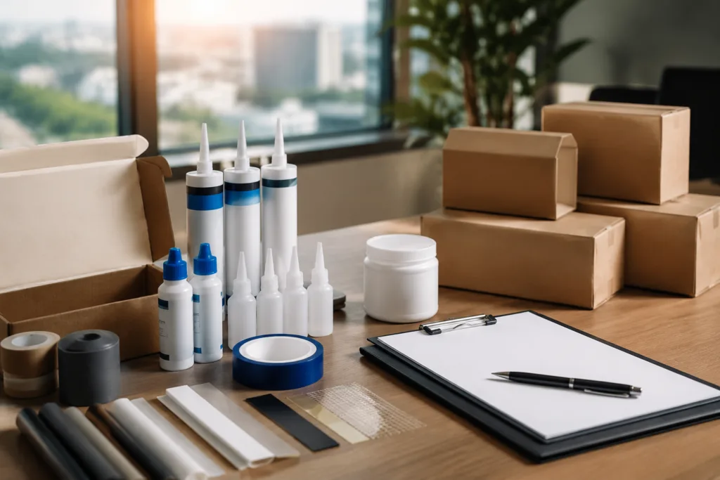 Become a ZDS Adhesive Distributor 10 Realistic premium product photography showing adhesive samples, cartons, and partner application documents arranged for a professional distributor cooperation presentation. Warm, elegant, and globally oriented B2B industrial style with no text or watermark.