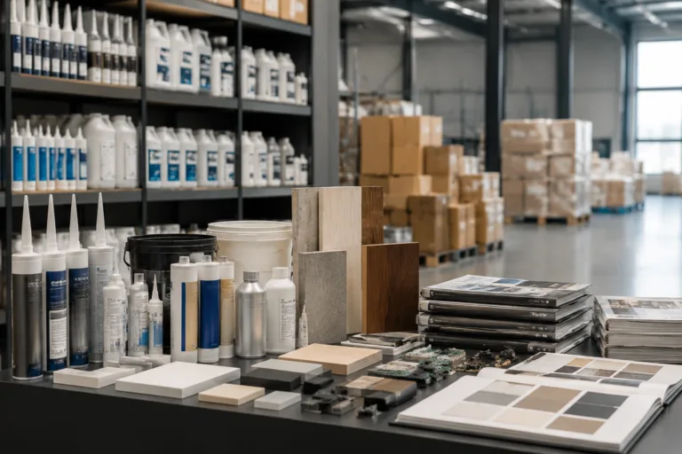 Become a ZDS Adhesive Distributor 3 A professional corporate-industrial image featuring multiple B2B adhesive distribution roles represented by business objects, packaging, and product portfolio displays in a realistic business environment.