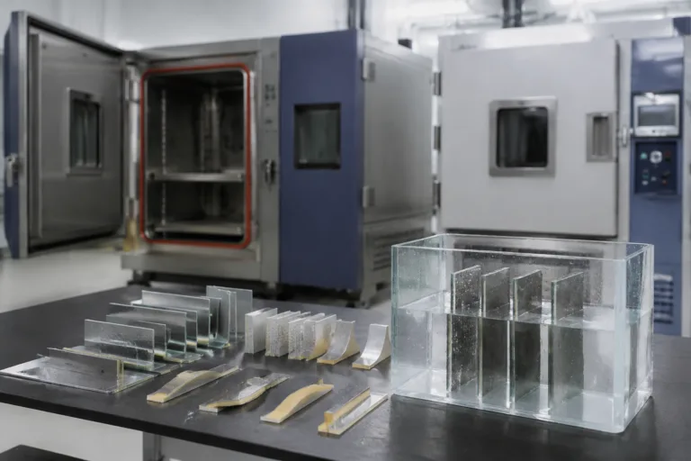 Adhesive Sample & Testing Support 6 A realistic professional photo showing adhesive environmental stability evaluation in an industrial testing environment, with bonded test pieces arranged beside thermal cycling, humidity, and water exposure systems before production.