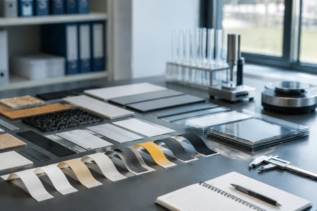 Adhesive Selection & Technical Support 3 A premium professional photo of a tidy industrial desk displaying adhesive samples and tested material coupons in a clean, inviting evaluation setting.