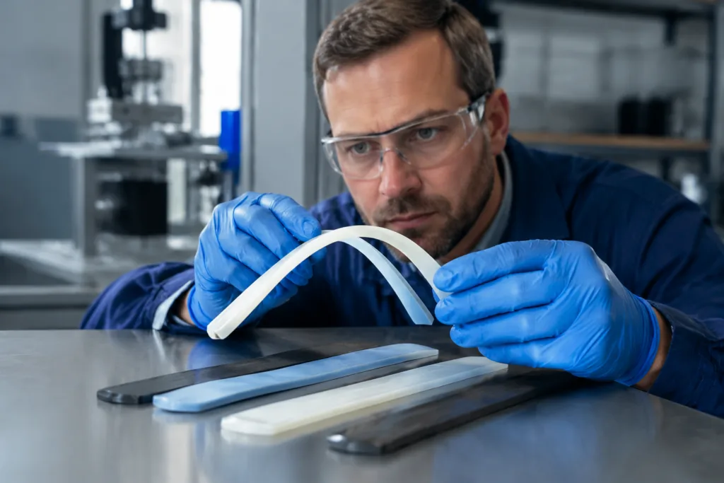 How to Choose the Right Adhesive for TPE, TPU, and Flexible Plastic Parts Under Bending and Repeated Movement 25 A technical lab scene showing evaluation of bonded flexible plastic samples for movement and adhesion performance.