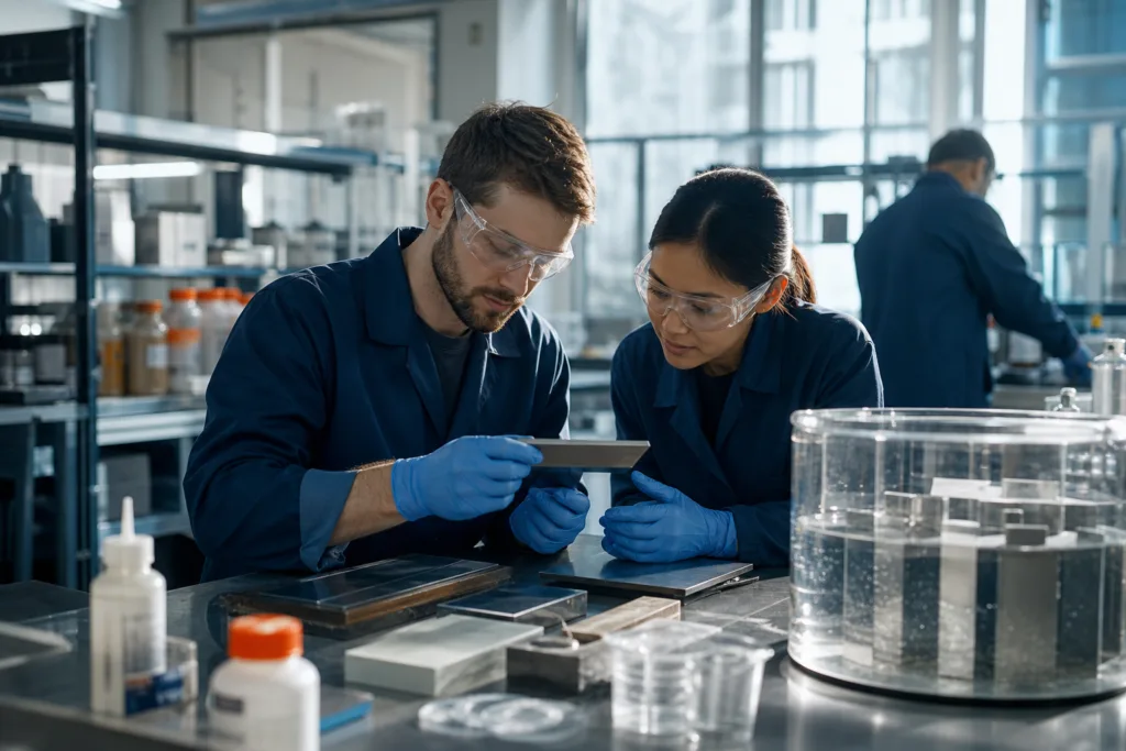 Why Adhesive Bonds Weaken After Water Exposure: 10 Root Causes Beyond Simply Using the Wrong Glue 17 A professional adhesive lab scene showing engineers reviewing bonded samples and moisture-aging results to diagnose water-related bond weakening.