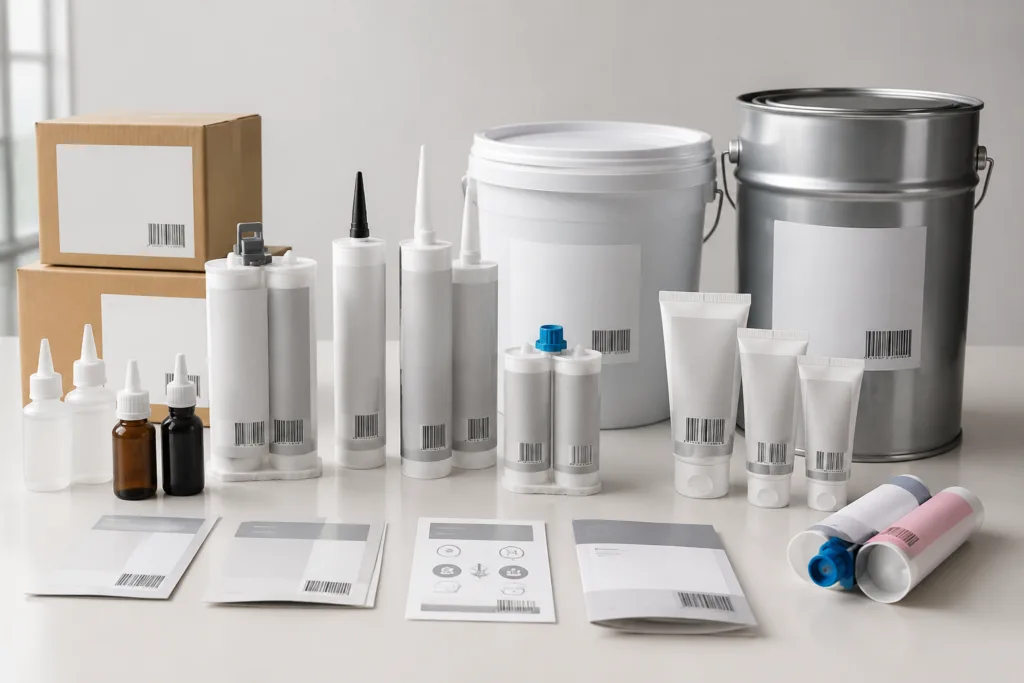 Private Label Adhesives 1 A clean, realistic packaging photography scene showing a variety of adhesive container formats and neutral branding mockups prepared for customization.