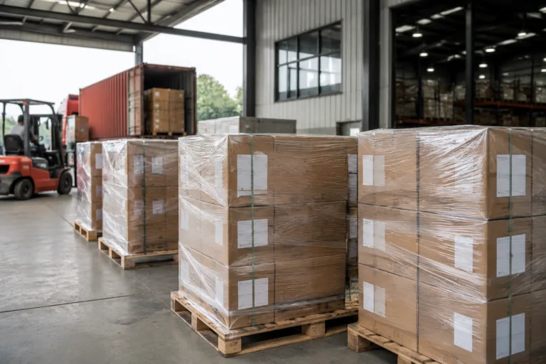 Bulk Adhesive Supply 5 A realistic industrial warehouse scene showing export adhesive packaging, sealed cartons, palletized goods, protective outer boxes, and loading-ready shipment coordination in a factory setting.