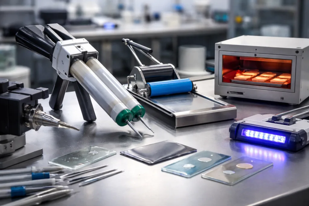 Adhesive Selection & Technical Support 1 A realistic technical scene in an adhesive development space featuring a dispensing nozzle, manual cartridge, coating roller, UV curing lamp, heat curing setup, and sample substrates arranged as process variables.