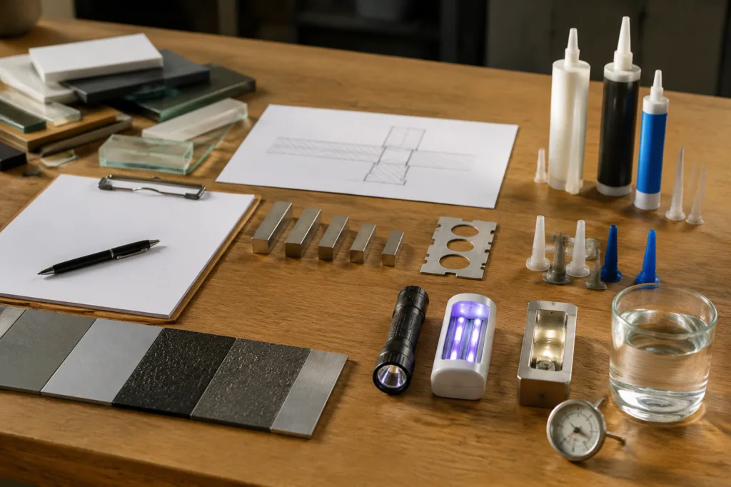 Adhesive Selection & Technical Support 11 An organized technical request desk for adhesive recommendation input, featuring material samples, a bond sketch, gap size reference items, curing method icons represented through objects, and outdoor exposure symbols through water, heat, and UV elements in a clean industrial photography style.
