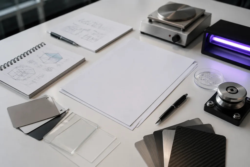Adhesive Sample & Testing Support 9 A realistic professional photography composition illustrating an adhesive sample request concept with neatly arranged materials, sketches, and exposure-related objects on a clean desk.
