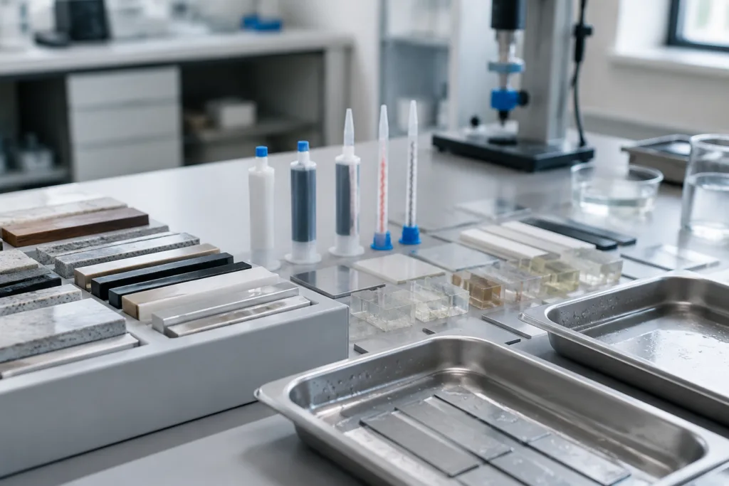 Adhesive Sample & Testing Support 1 Professional realistic lab photography of an adhesive sample review workflow with neatly arranged material compatibility samples, viscosity dispensing tools, curing comparison specimens, and thermal and waterproof test pieces on a clean surface.
