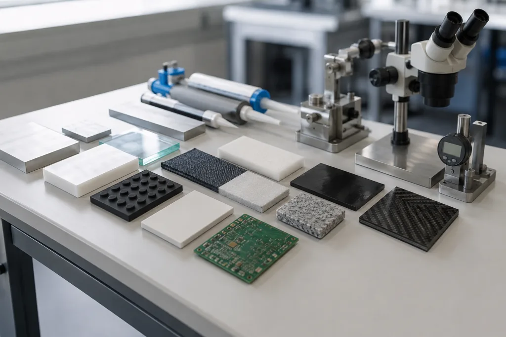 Adhesive Selection & Technical Support 2 Professional technical product photography of adhesive selection by material concept, with neatly arranged samples of metal, plastic, glass, rubber, ceramic, PCB, fabric, foam, stone, composite, and carbon fiber beside adhesive testing and evaluation tools in a clean industrial setting. Realistic details, no text, no watermark.