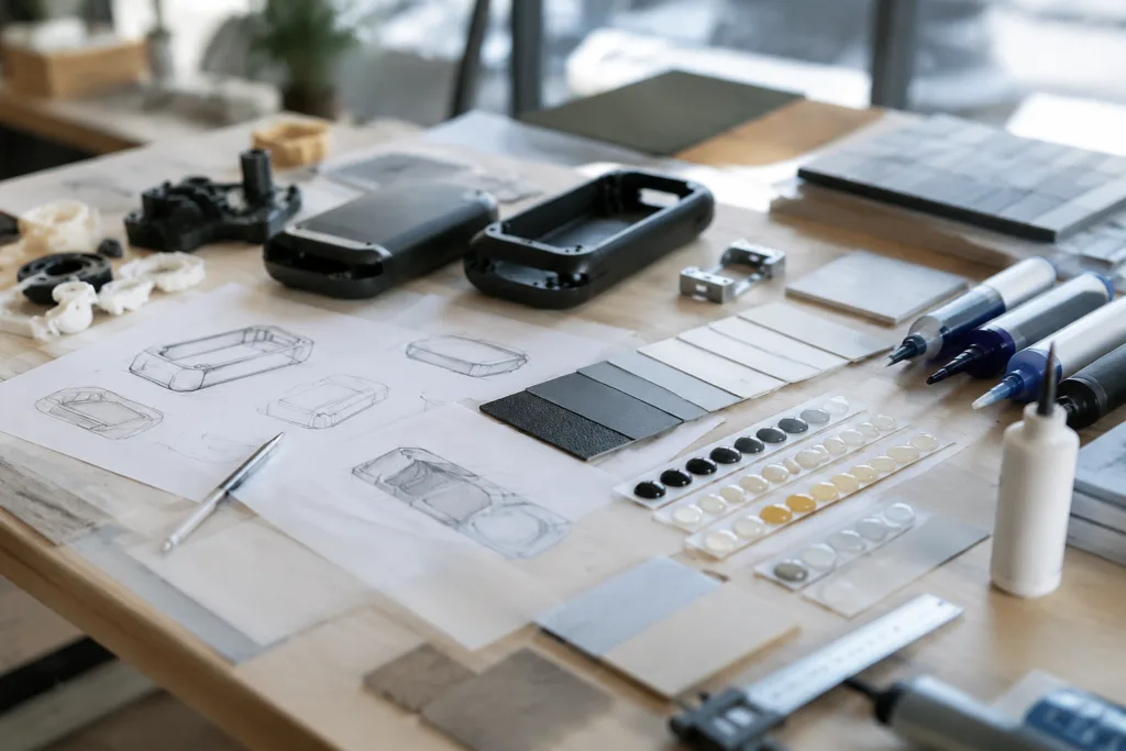 Adhesive Selection & Technical Support 8 A modern engineering workspace showing adhesive selection and planning for an early product prototype, with realistic materials and technical design details.