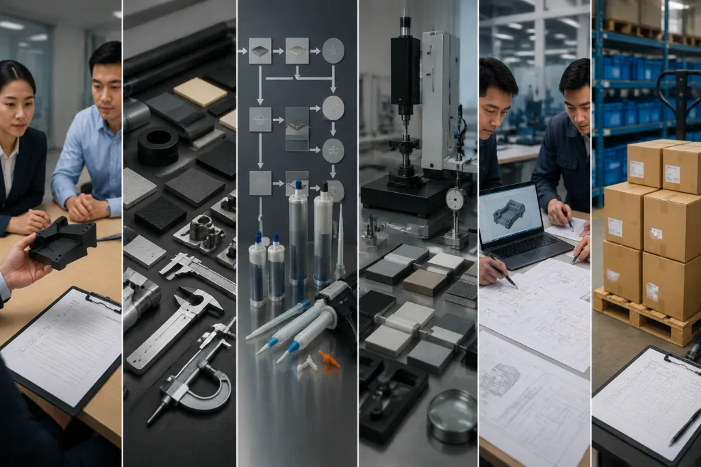 Adhesive Selection & Technical Support 9 A realistic horizontal B2B workflow scene presenting adhesive selection from customer input through material review, adhesive guidance, sample testing, technical feedback, and supply planning, using industrial objects and documents without any readable text.