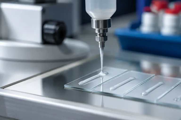 Adhesive Sample & Testing Support 4 A realistic industrial laboratory scene showing adhesive viscosity testing and precise dispensing onto test panels, with controlled bead formation and a clean technical environment.